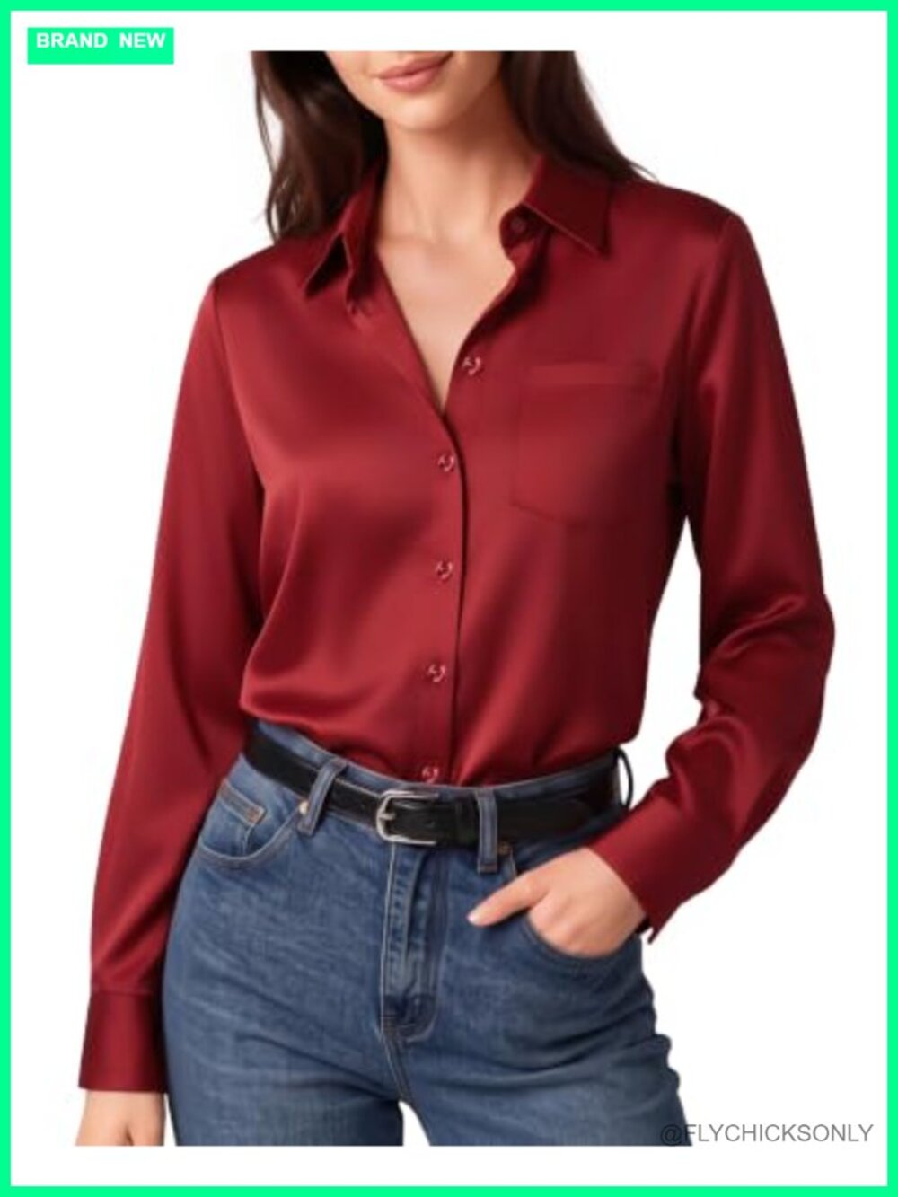 Satin Long Sleeve Button Down Blouse Collared V Neck Office Top